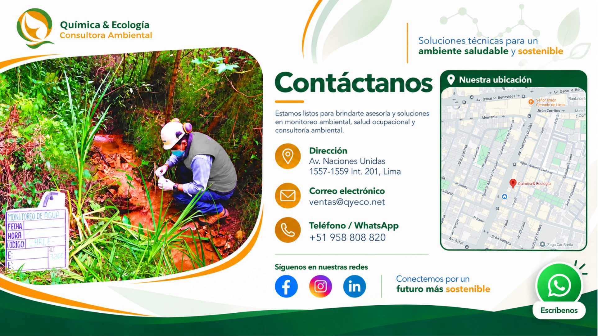 Contáctanos. Av. Naciones Unidas 1557-1559, Int. 201, Lima. Correo ventas arroba qyeco punto net. Teléfono +51 958 808 820. Síguenos en redes sociales.